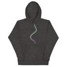 DNA Matrix unisex cotton hoodie in Charcoal Heather, front view: multicolour double helix down the chest