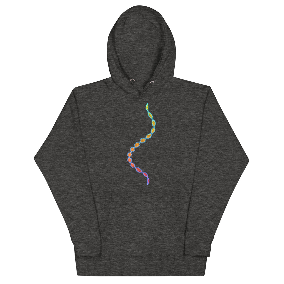 DNA Matrix unisex cotton hoodie in Charcoal Heather, front view: multicolour double helix down the chest