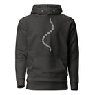 GeoDNA B&W unisex cotton hoodie in Charcoal Heather, front view: white double helix running down the chest