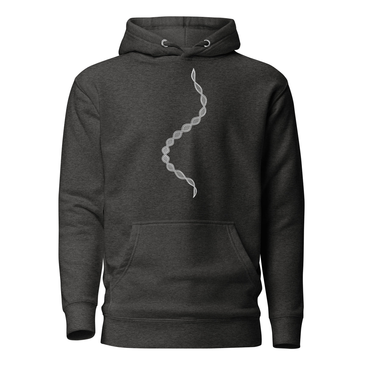 GeoDNA B&W unisex cotton hoodie in Charcoal Heather, front view: white double helix running down the chest