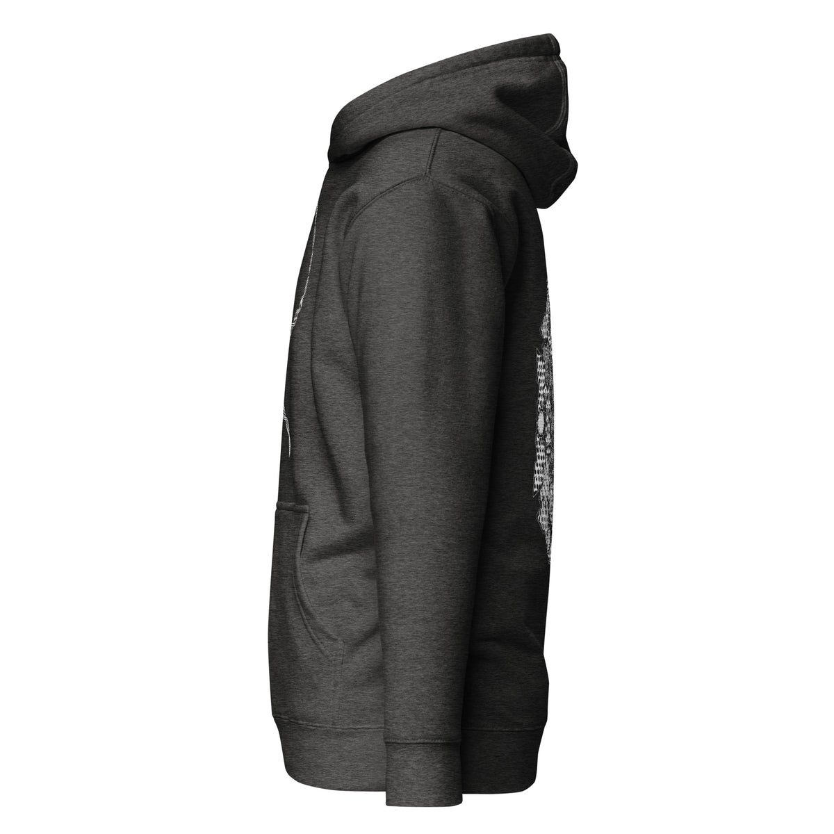 GeoDNA B&W unisex cotton hoodie in Charcoal Heather, left side view: plain sleeve, edges of front and back prints
