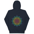 DNA Matrix unisex cotton hoodie in Navy Blazer, back view: six-pointed star grid in rainbow colours