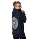 GeoDNA B&W unisex cotton hoodie in Navy Blazer, back view at an angle on a model: white hexagon artwork