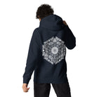 GeoDNA B&W unisex cotton hoodie in Navy Blazer, back view on a model: large white hexagon of cubes and cells