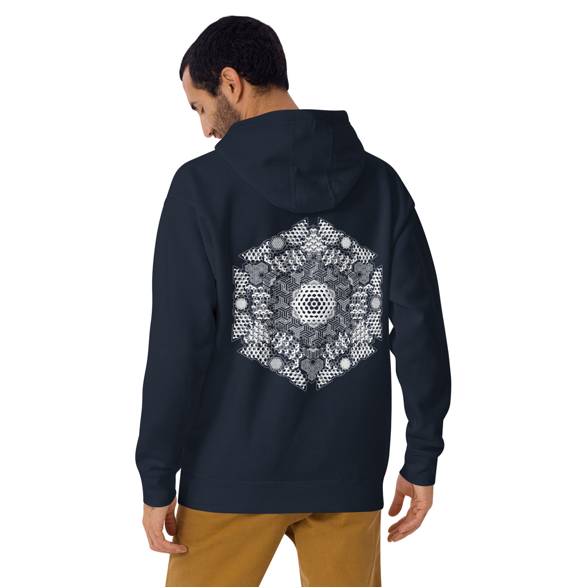 GeoDNA B&W unisex cotton hoodie in Navy Blazer, back view on a model: white hexagon artwork across the back
