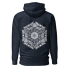 GeoDNA B&W unisex cotton hoodie in Navy Blazer, back view: large white hexagon of cubes and hexagon cells