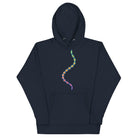 DNA Matrix unisex cotton hoodie in Navy Blazer, front view: multicolour double helix down the chest