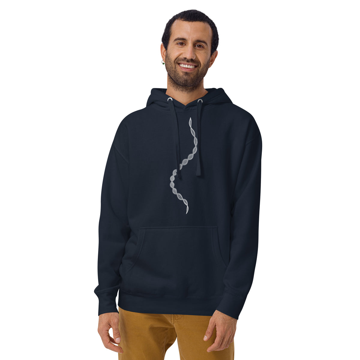 GeoDNA B&W unisex cotton hoodie in Navy Blazer, front view on a model: white double helix down the chest