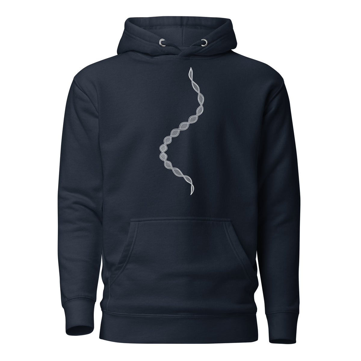 GeoDNA B&W unisex cotton hoodie in Navy Blazer, front view: white double helix running down the chest