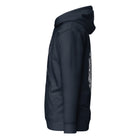 GeoDNA B&W unisex cotton hoodie in Navy Blazer, left side view: plain sleeve, edges of front and back prints