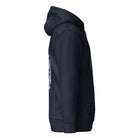 GeoDNA B&W unisex cotton hoodie in Navy Blazer, right side view: plain sleeve, edges of front and back prints