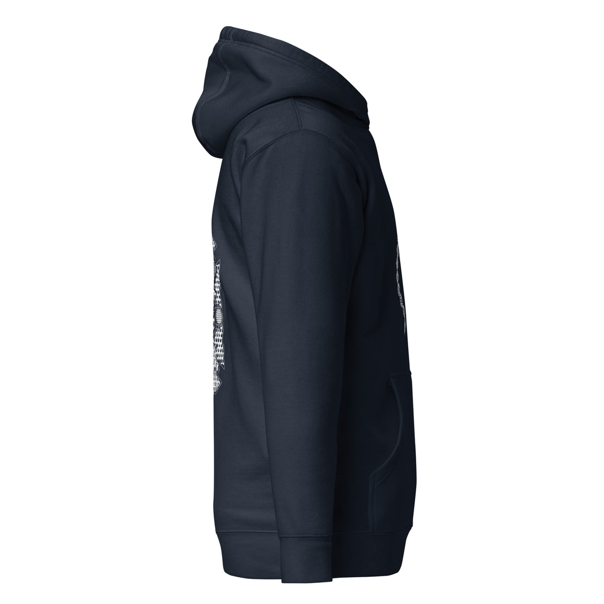GeoDNA B&W unisex cotton hoodie in Navy Blazer, right side view: plain sleeve, edges of front and back prints