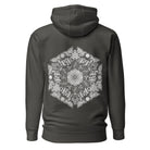 GeoDNA B&W unisex cotton hoodie in Vintage Black, back view: large white hexagon of cubes and hexagon cells