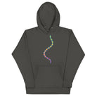 DNA Matrix unisex cotton hoodie in Vintage Black, front view: multicolour double helix down the chest