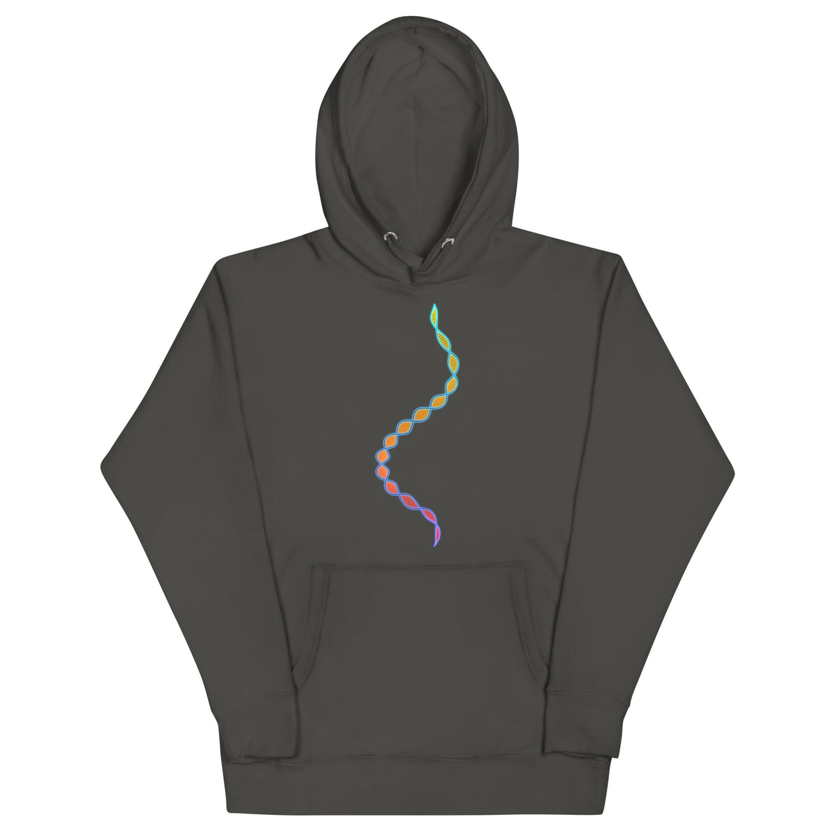 DNA Matrix unisex cotton hoodie in Vintage Black, front view: multicolour double helix down the chest