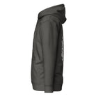 GeoDNA B&W unisex cotton hoodie in Vintage Black, left side view: plain sleeve, edges of front and back prints